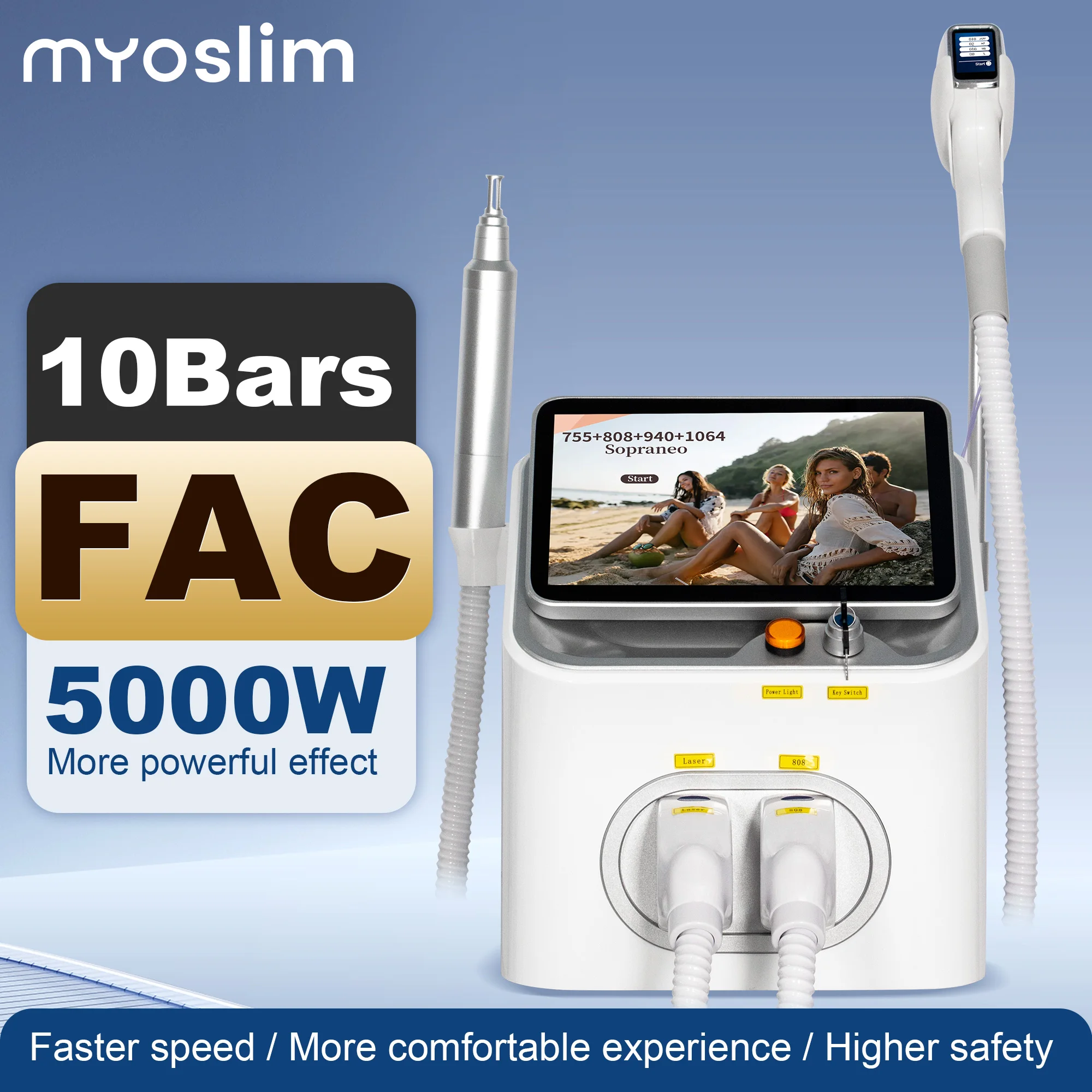 Macchina 2 IN 1 per Epilazione Laser a Diodi 808 e Picosecondi, 4 Lunghezze d'Onda, 5000W, Manipolo FAC Icy, Epilatore Permanente Indolore per Tatuaggi e Corpo
