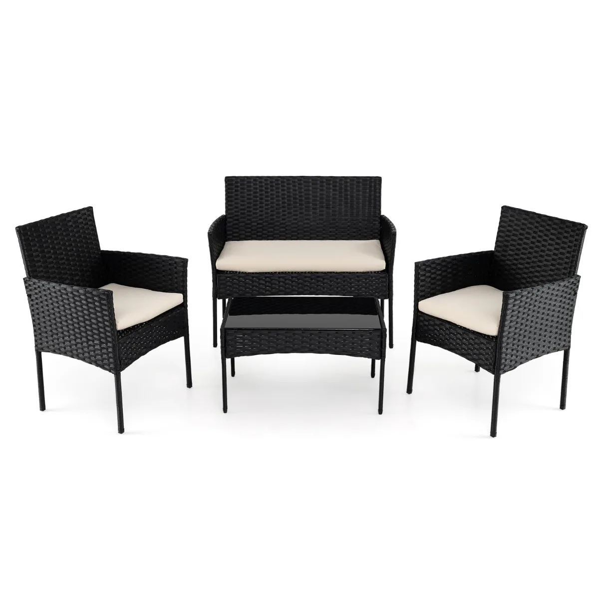 Set di mobili da giardino in rattan con 2 sedie, panca, tavolo e cuscini, gruppo di sedute, set di mobili da giardino, beige