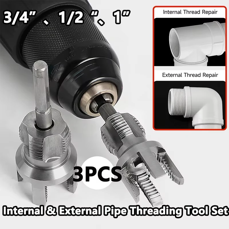 Set di 3 Filettatrici per Tubi da 1/2", 3/4", 1" - Kit per Filettatura Interna ed Esterna di Tubi in PVC, Compatibile con Trapano Elettrico per Idraulica