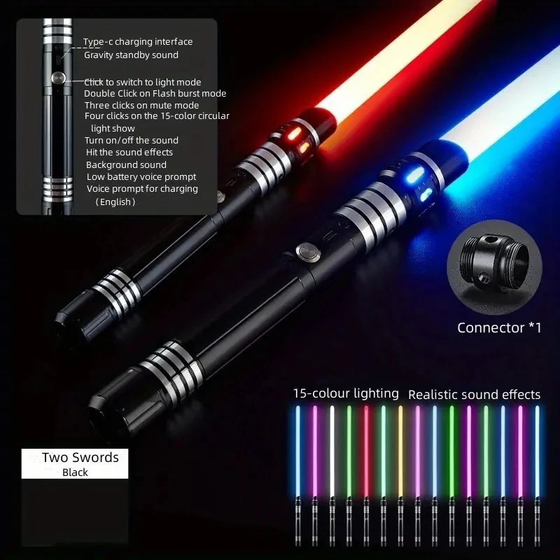 REikirc Versione aggiornata Spada laser 2 in 1 Sciabola luminosa Spada laser in metallo a 15 colori Spade luminose per feste giocattolo ricaricabili