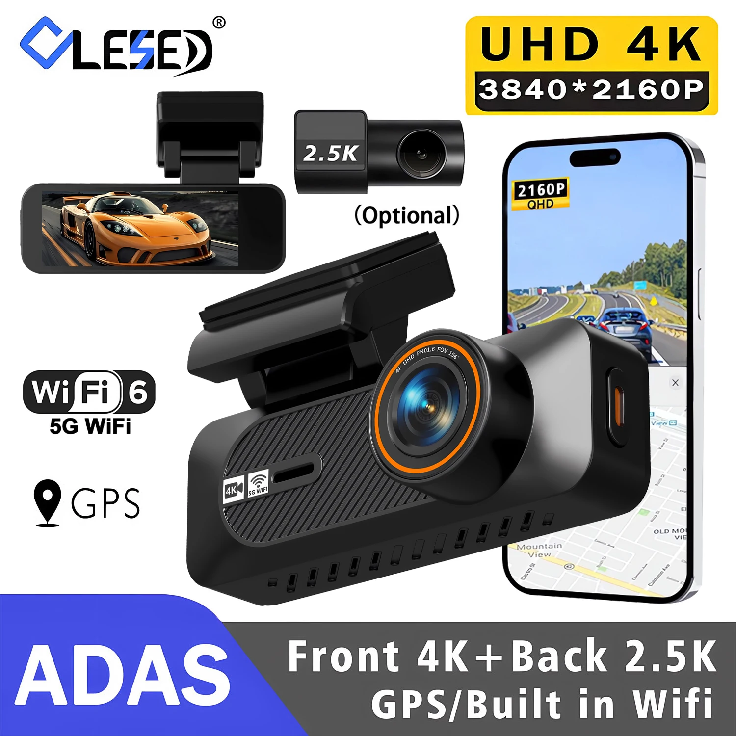 Dash Cam a Doppia Lente 4K+2.5K 3840*2160P con WiFi, GPS, ADAS, Registratore Video DVR Anteriore e Posteriore 2.5K, Visione Notturna 24H, Telecamera per Auto, Scatola Nera