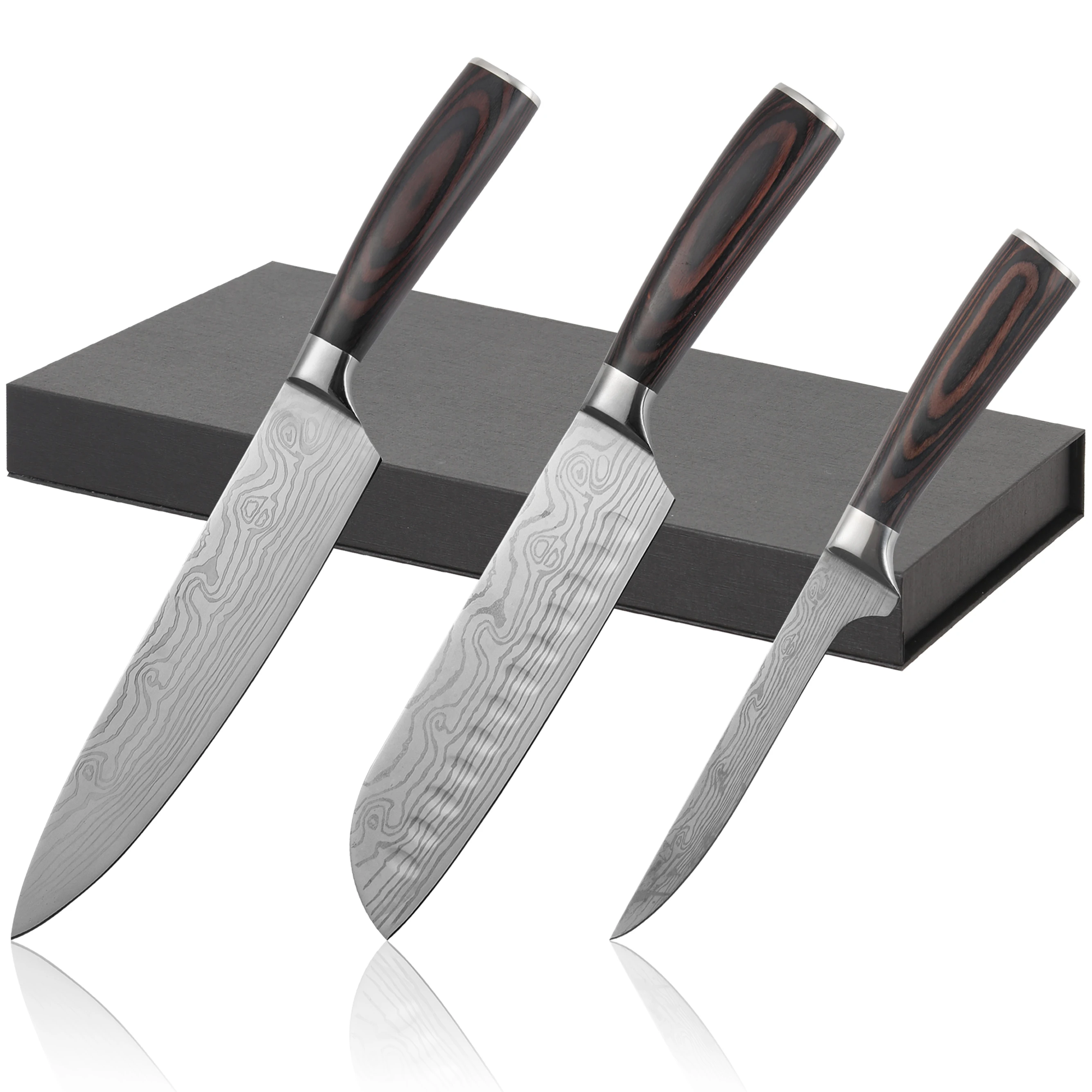 Set di 3 Coltelli Professionali da Cucina con Motivo Damascato al Laser, in Acciaio Inossidabile ad Alto Tenore di Carbonio, Coltelli Chef, Santoku e Multiuso con Confezione Regalo