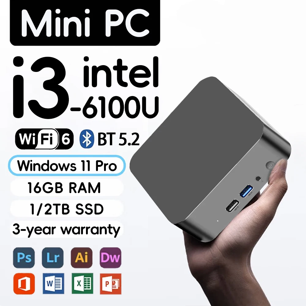 Mini PC portable FUCHU Windows 11 Pro Intel Core i3 6100, ordinateur de jeu, PC d