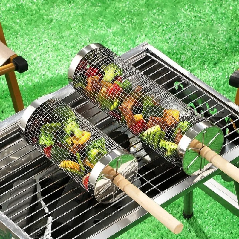 Cage de barbecue roulante, grille de barbecue ronde en acier inoxydable 304, grille de barbecue avec poignée en bois, panier de barbecue pour camping en plein air