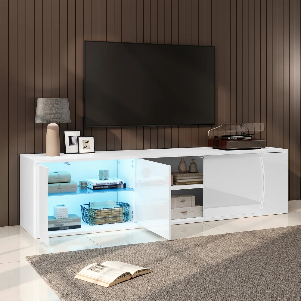 Meuble TV, meuble bas avec 3 portes, meuble en verre trempé, meuble TV de haute qualité avec LED