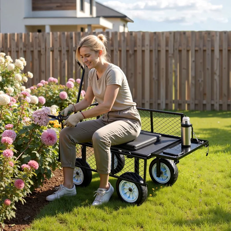 Chariot de jardin avec siège, capacité 500 lb, siège de travail de jardin roulant en acier avec roues, tabouret de jardinage robuste, avec plateau à outils et réglage