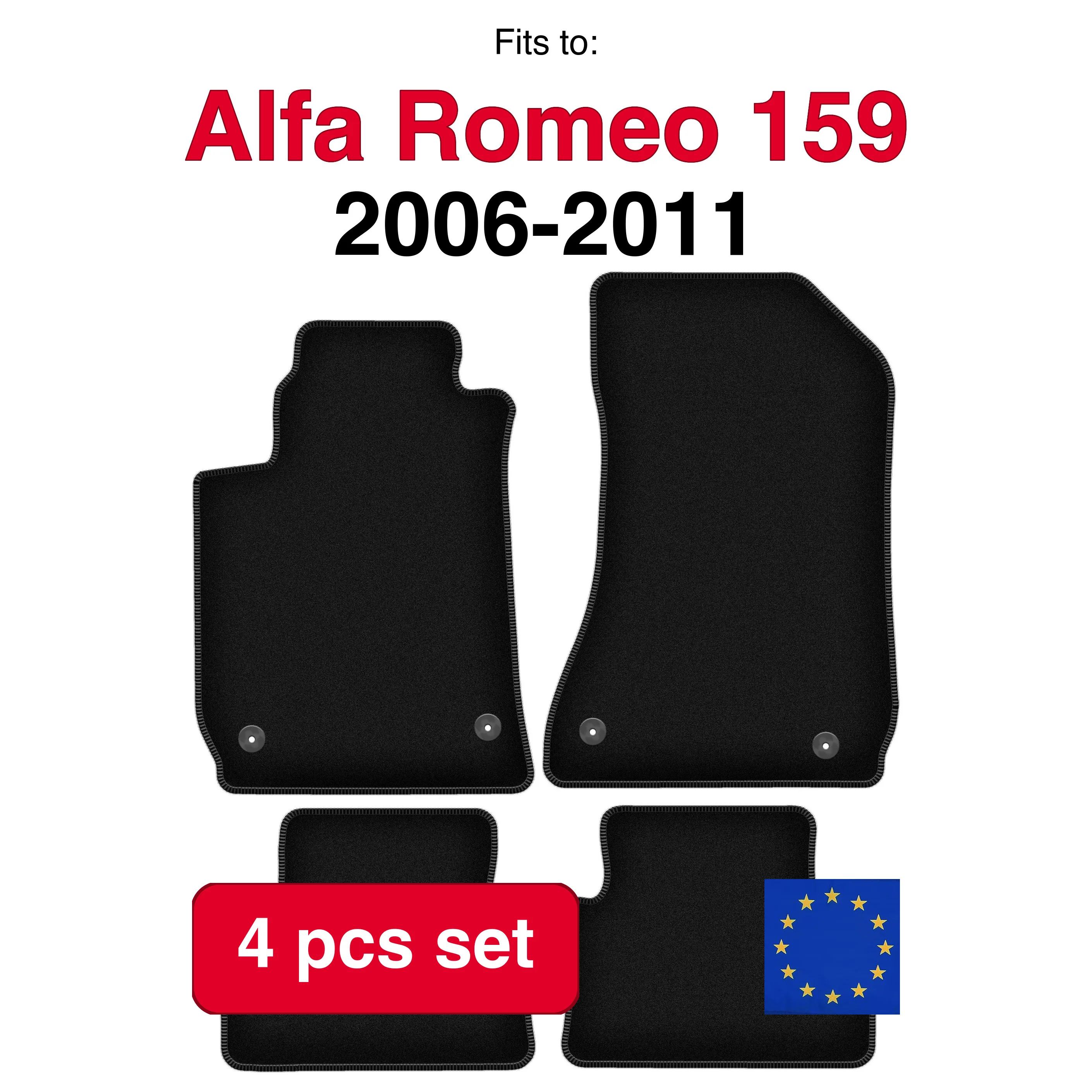 Ensemble de tapis en velours pour Alfa Romeo 159 berline, break, Sportwagon (2006-2011) - Noir (4 pièces) - Ensemble de tapis de voiture sur mesure