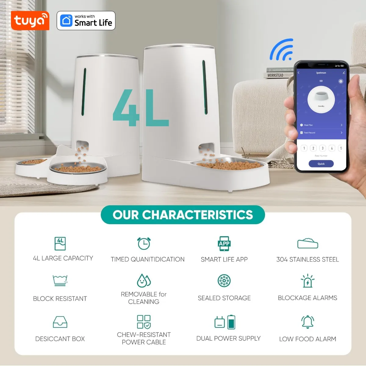 Distributeur automatique de nourriture pour animaux de compagnie Tuya Smart 4L avec contrôle à distance par application Wifi et design visuel | Distributeur de nourriture pour chat, nourriture sèche