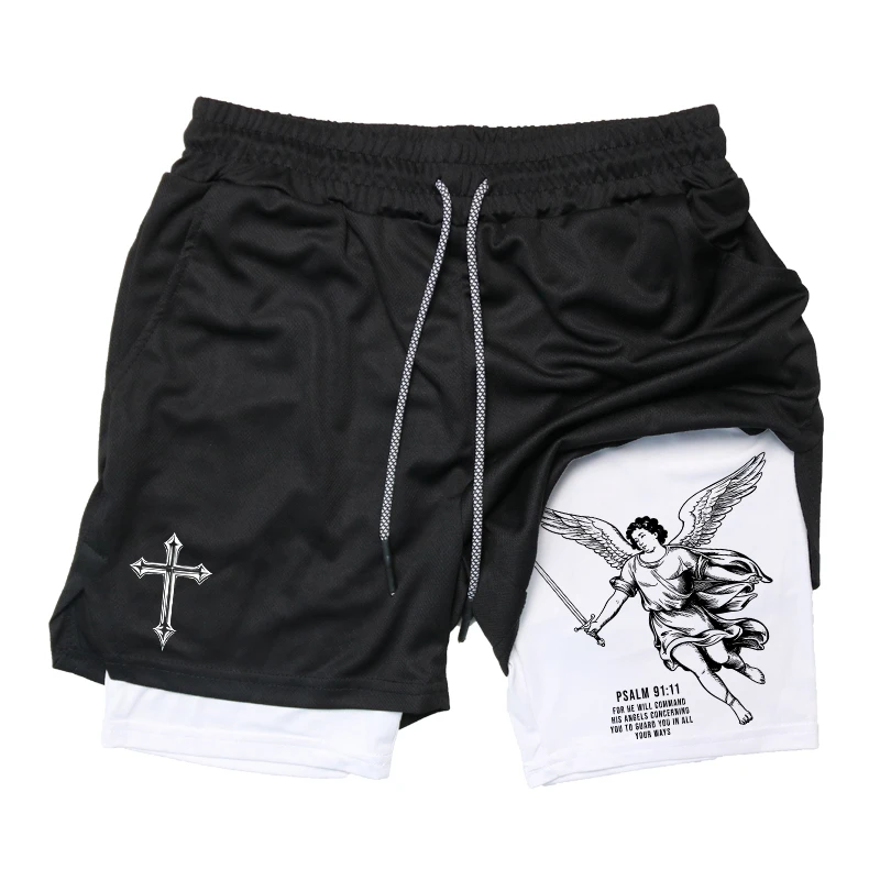 Shorts de sport 2-en-1 Angel Cross Graphic pour hommes – Course, gym, athlétisme – Séchage rapide avec poche téléphone et boucle porte-serviette – Tenue de sport