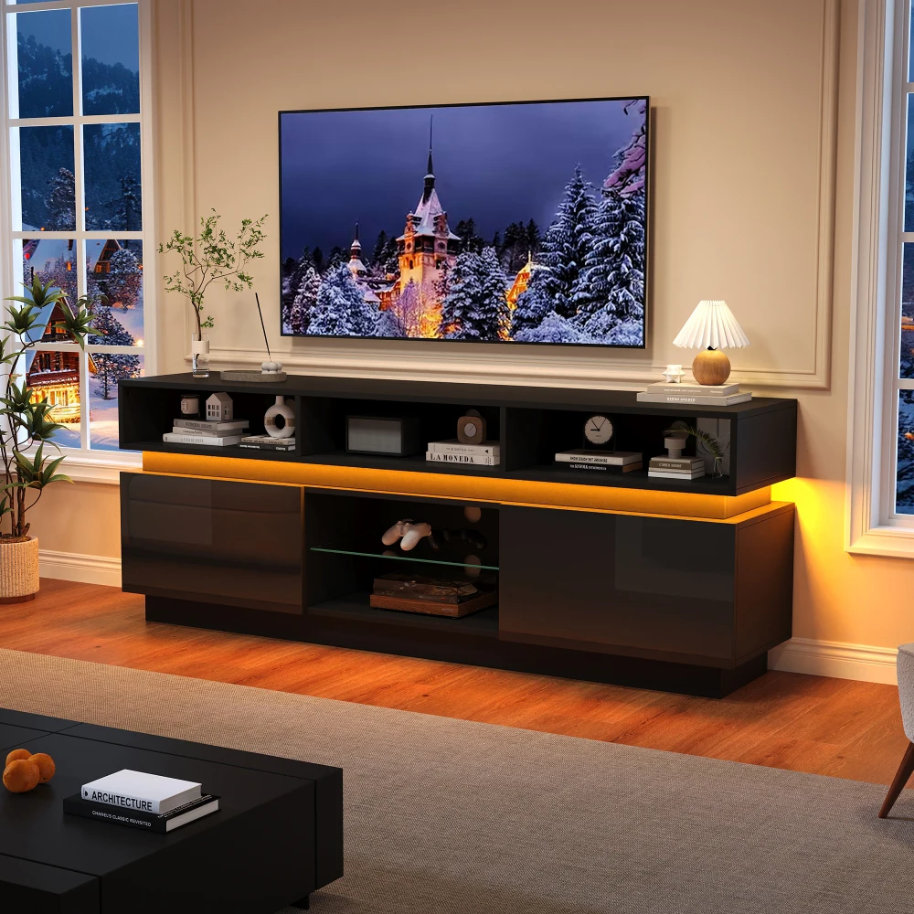 Meuble TV, support TV plat avec étagère en verre trempé, meuble bas brillant, meuble de salon à LED, MDF, adapté aux téléviseurs de 60 pouces