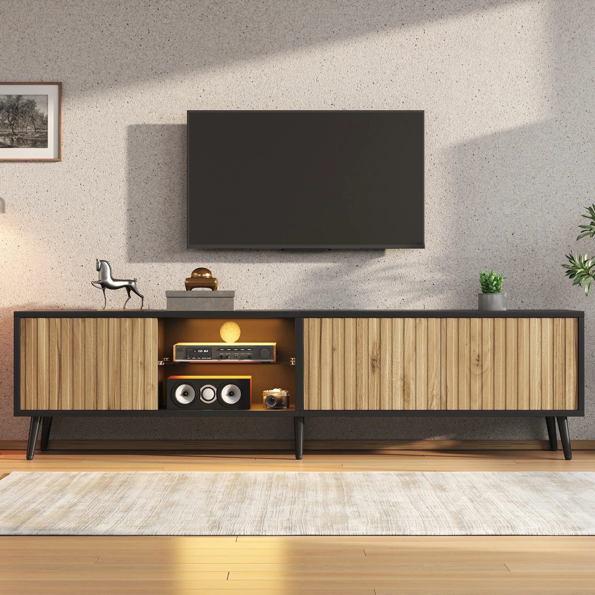 Meuble TV LED 175 x 31 x 43,5 cm pour le salon, couleur bois naturel, meuble bas avec 6 pieds de support, meuble en verre trempé