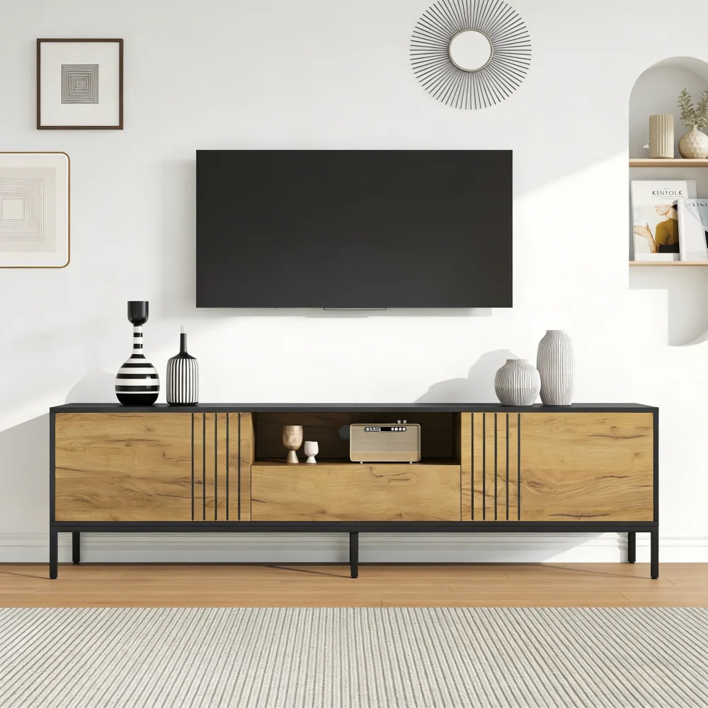 Meuble TV, Meuble TV bas, Console TV avec 2 armoires et 1 tiroir, Table TV, Support TV, Meuble de salon