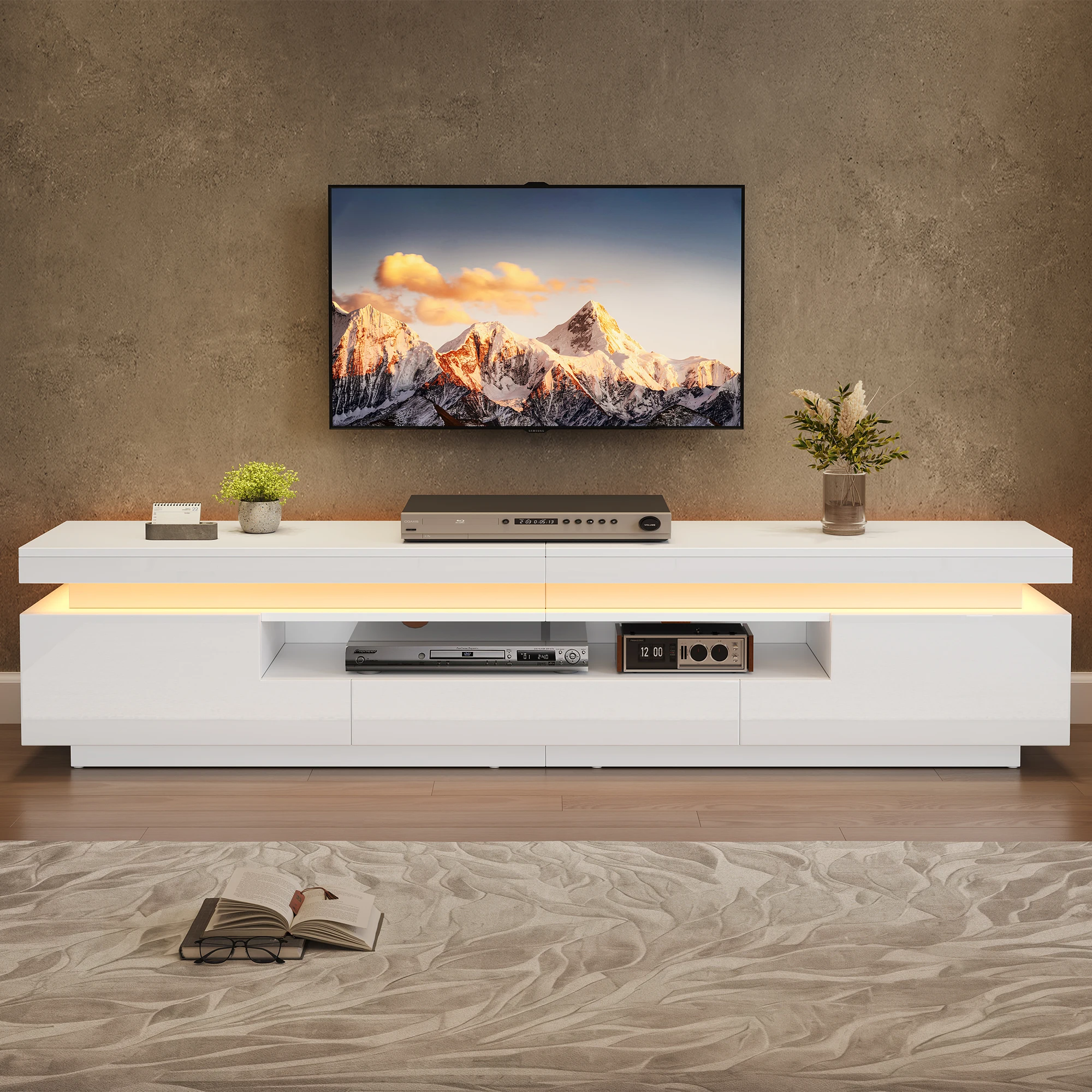 Meuble TV pour salon 2 armoires en forme de L 1 tiroir Meuble TV brillant pour salon avec LED Plateau bas avec espace de rangement semi-ouvert Meuble TV sur pied adapté pour téléviseur d'environ 75