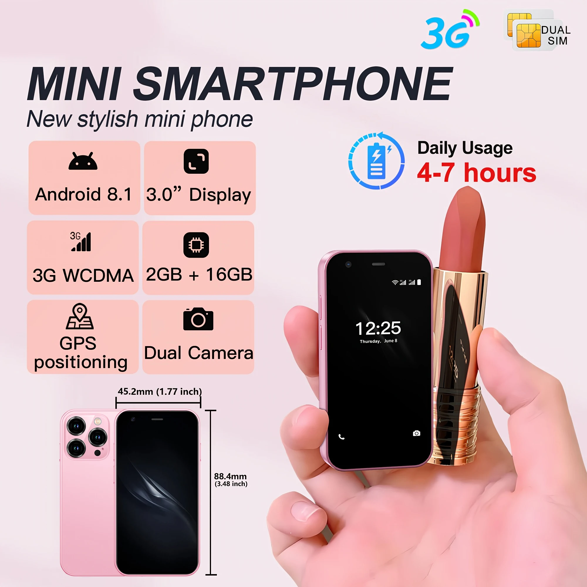 Mini smartphone, écran de 3,0 pouces, 2 Go + 16 Go, WLAN-GPS, Play Store, smartphone Android, double SIM double veille