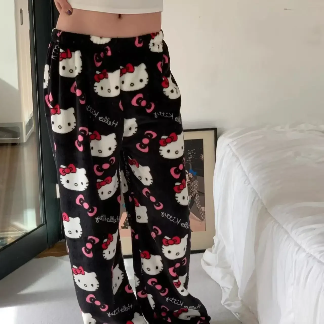 Pantalon de pyjama Y2K Hiver Chat Mignon KT Anime pour Femme, Pantalon de Nuit Dessin Animé Tendance, Vêtement de Détente à Domicile