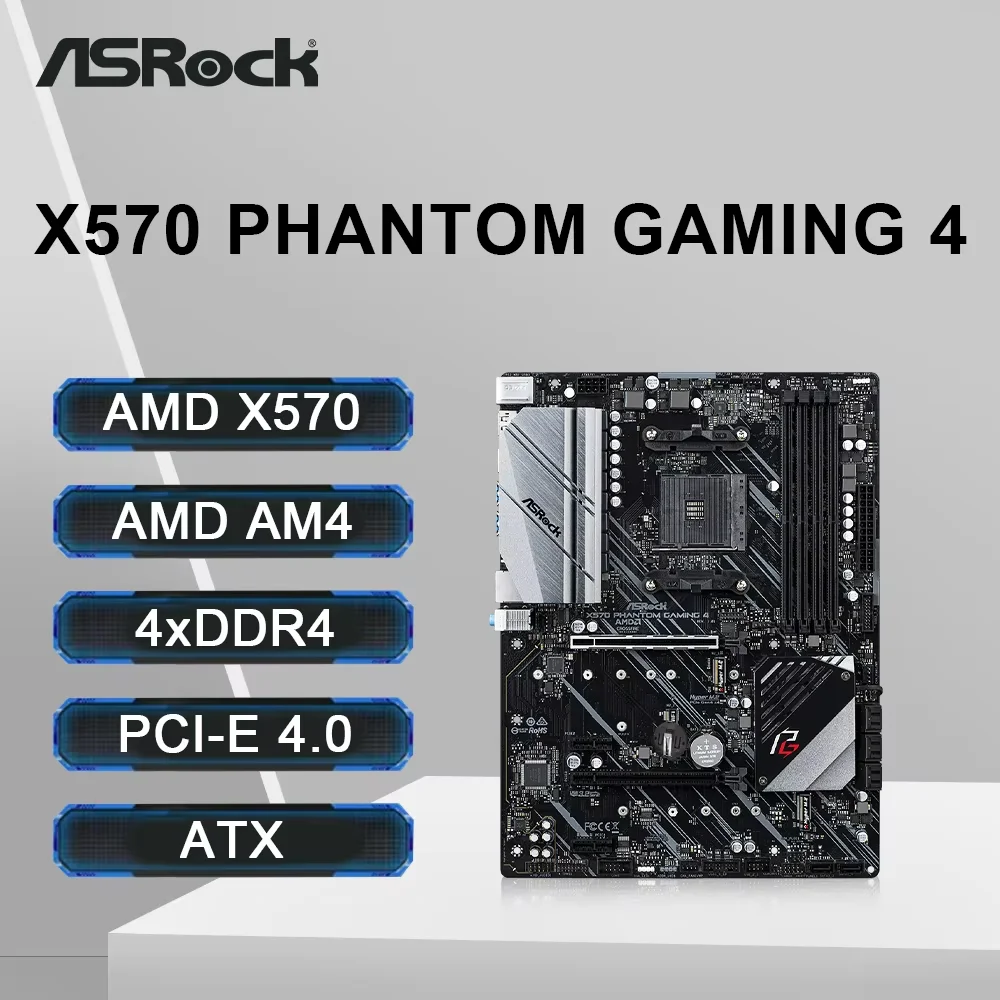 Carte mère ASRock X570 PHANTOM GAMING 4 compatible avec les processeurs Ryzen 5 5600 5600X Ryzen 7 5700X 5700x3D 5800x3D, 4xDDR4 128 Go M.2 AM4 ATX