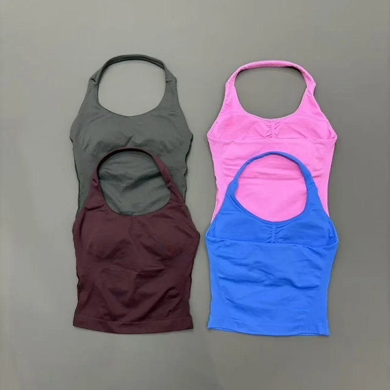 Débardeur de sport pour femme, sans couture, style halter, soutien-gorge de sport, idéal pour le yoga, le Pilates, le fitness, l'entraînement, la course à pied, la gym, respirant