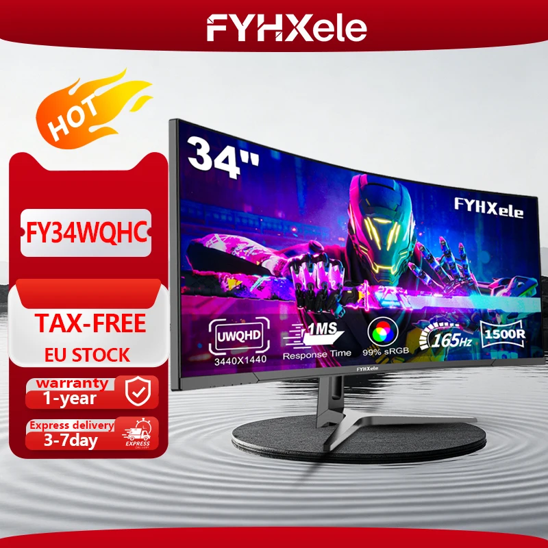 Moniteur de jeu incurvé ultra-large 34 pouces 2K UWQHD 3440x1440 21:9, écran 165 Hz, temps de réponse de 1 ms, écran incurvé 1500R, 99 % sRGB, moniteur d