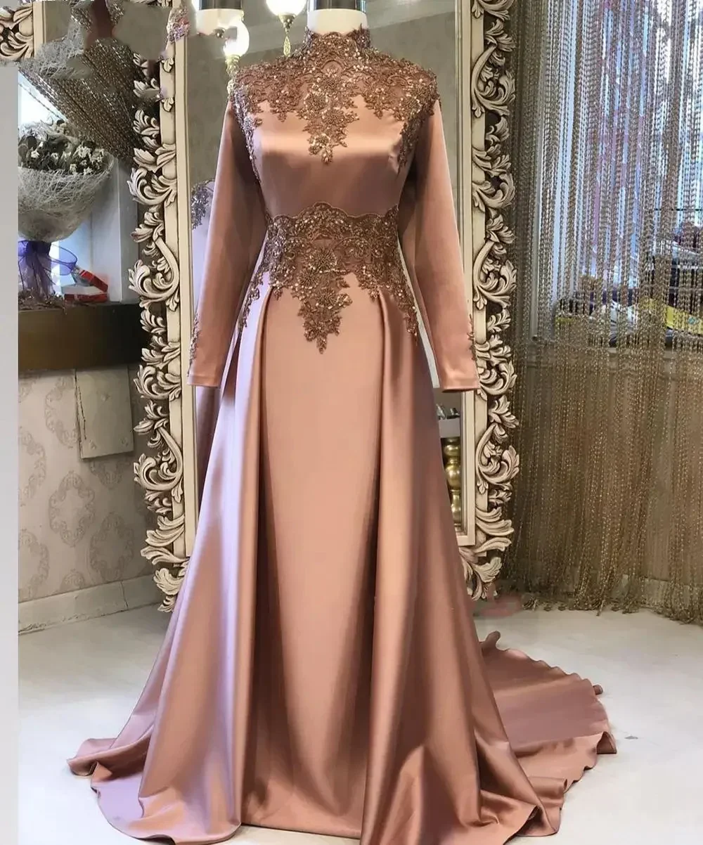 Customized Vestidos De Noche High Neck Lace Appliques Prom Dresses Elegant Long Sleeves Floor-Length Formal Evening Party Gown