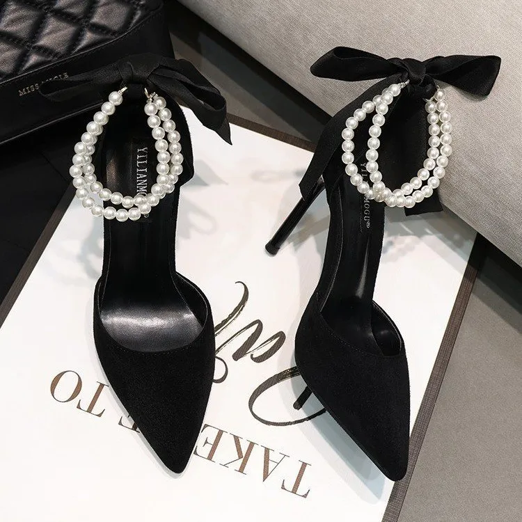 Women's Fashion Bow Sandals Summer Black Simulation Pearls Shoes Sexy Pointed Stiletto Party Office High Heels Zapatos De Fiesta