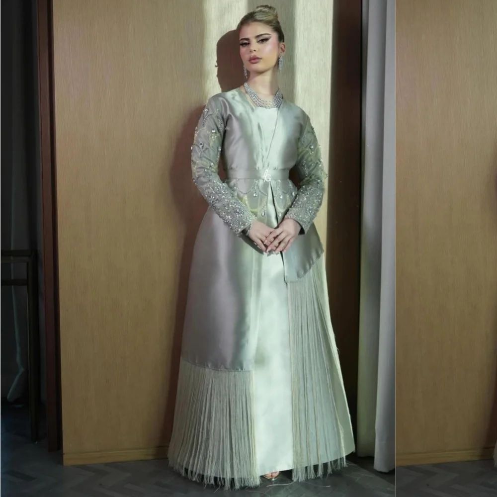 Customized Formal Charmeuse Pleat Sequined A-line Scoop Neck Long Evening Dresses Luxury 2025 Chinese Style