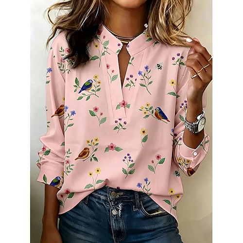 Damen Hemd Blumen Grafik Vogel Vintage Stilvoll Langarm V Ausschnitt Normale Oberteile Lässig Täglich Ferien Blau Rosa Purpur Grün Beige Sommer Frühling Image