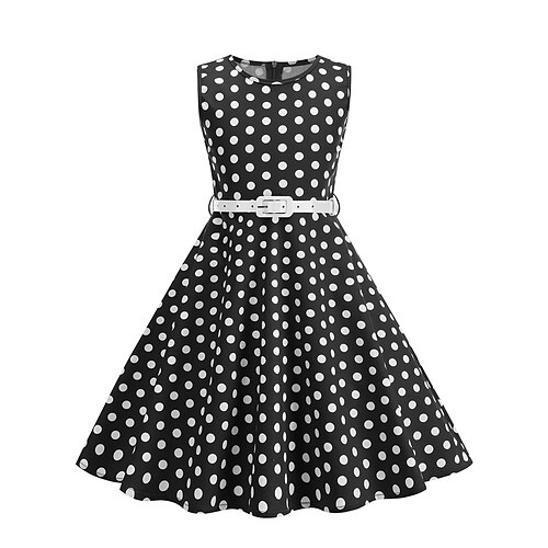 1950er Retro Vintage Rockabilly Tee-Länge Kleid Swing-Kleid Ausgestelltes Kleid Ärmellos Tupfen Tailliert und ausgestellt Kostüm Mädchen Maskerade Teegesellschaft Alltagstauglich Kinder Kleid Gürtel Image