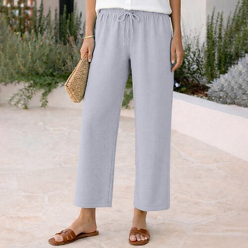 Damen Hose Freizeithose Waffelhose Urlaub Mode Alltagstauglich Knielang Hohe Taille Einfarbig Einfach Kordelzug Tasche Elastischer Bund Komfort Weich Atmungsaktiv Unelastisch Outdoor Streetwear Ferien Image
