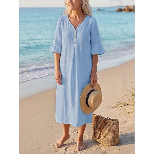 Damen Midikleid Sommerkleid Freizeitkleid Urlaub Lässig Boho Strand Party Date Normale Passform Einfach Kurzarm V Ausschnitt Blau Weiß Beige Sommer Frühling Image