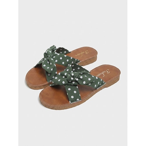 Grüne Damen-Sandalen mit Polka-Dots – flache Retro-Sandalen mit Schleife und gekreuzten Riemen für Strandurlaube und sommerliche Outdoor-Resorts gemütliche Spaziergänge am Meer Image