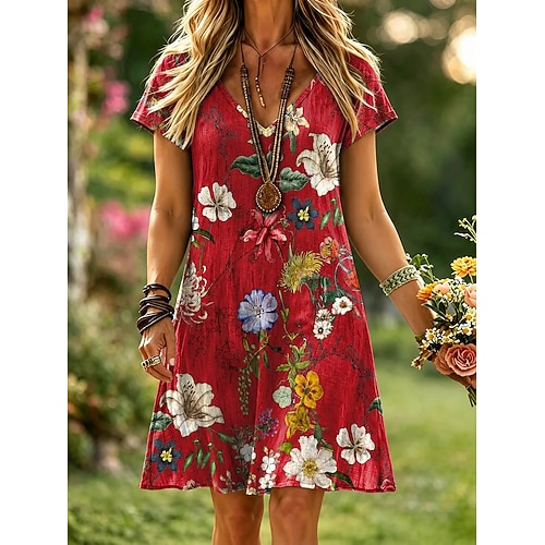 Damen Knielanges Kleid T-Shirt-Kleid A Linie Kleid Urlaub Lässig Boho Strand Normale Passform Blumen Grafik Kurzarm V Ausschnitt Dunkelrot Rote Beige Sommer Frühling Image