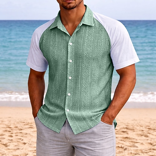Herren Hemd Freizeithemd Knopfhemd Jacquard-Hemd Schwarz Hellgrün Marineblau Grau Leicht Blau Kurzarm Einfach Hemdkragen Lässig Täglich Patchwork Bekleidung Elegant Mode Lässig Image