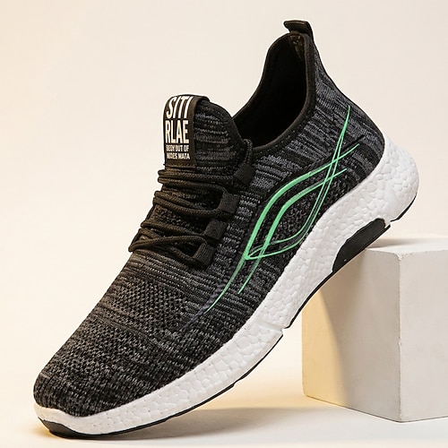 Schwarze Herren-Laufschuhe aus Strick, leicht, atmungsaktiv, zum Schnüren, gepolstert, ideal zum Joggen, fürs Fitnessstudio, auf Reisen und im Alltag. Image