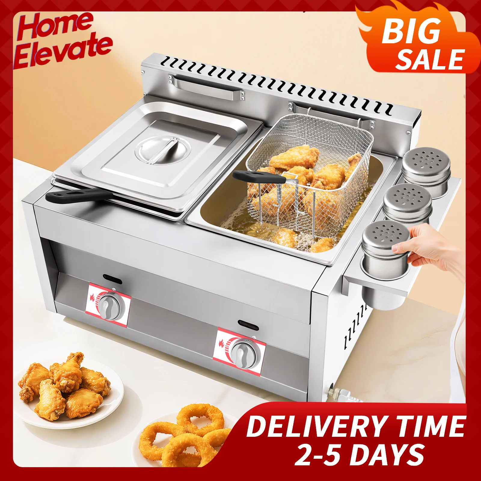 Kommerzielle Gasfritteuse mit zwei Tanks, Edelstahl, 2 x 6 l Fassungsvermögen 50–380 ° C Temperaturregelung Restaurant Fast Food Snack Shop Image