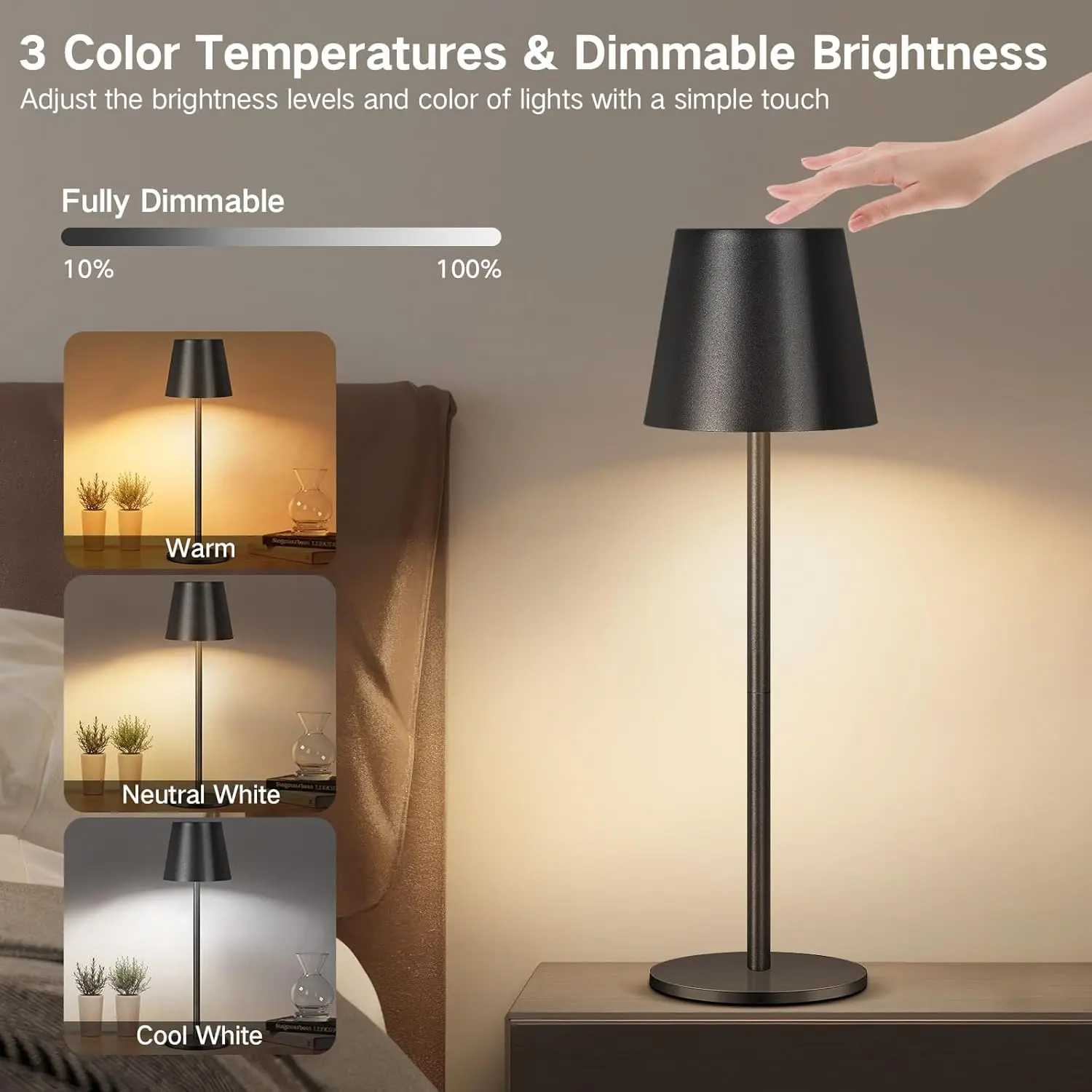 LED Kabellose Akku-Tischlampe, Dimmbare Touch-Tischlampe, USB-C-Aufladung, 3 Farben, Einstellbare Helligkeit, Moderne LED-Lampe, Outdoor-Tischlampe, Geeignet für Restaurants, Hotels, Schlafzimmer, Bars, Indoor-Nachttischlampe Dekoration