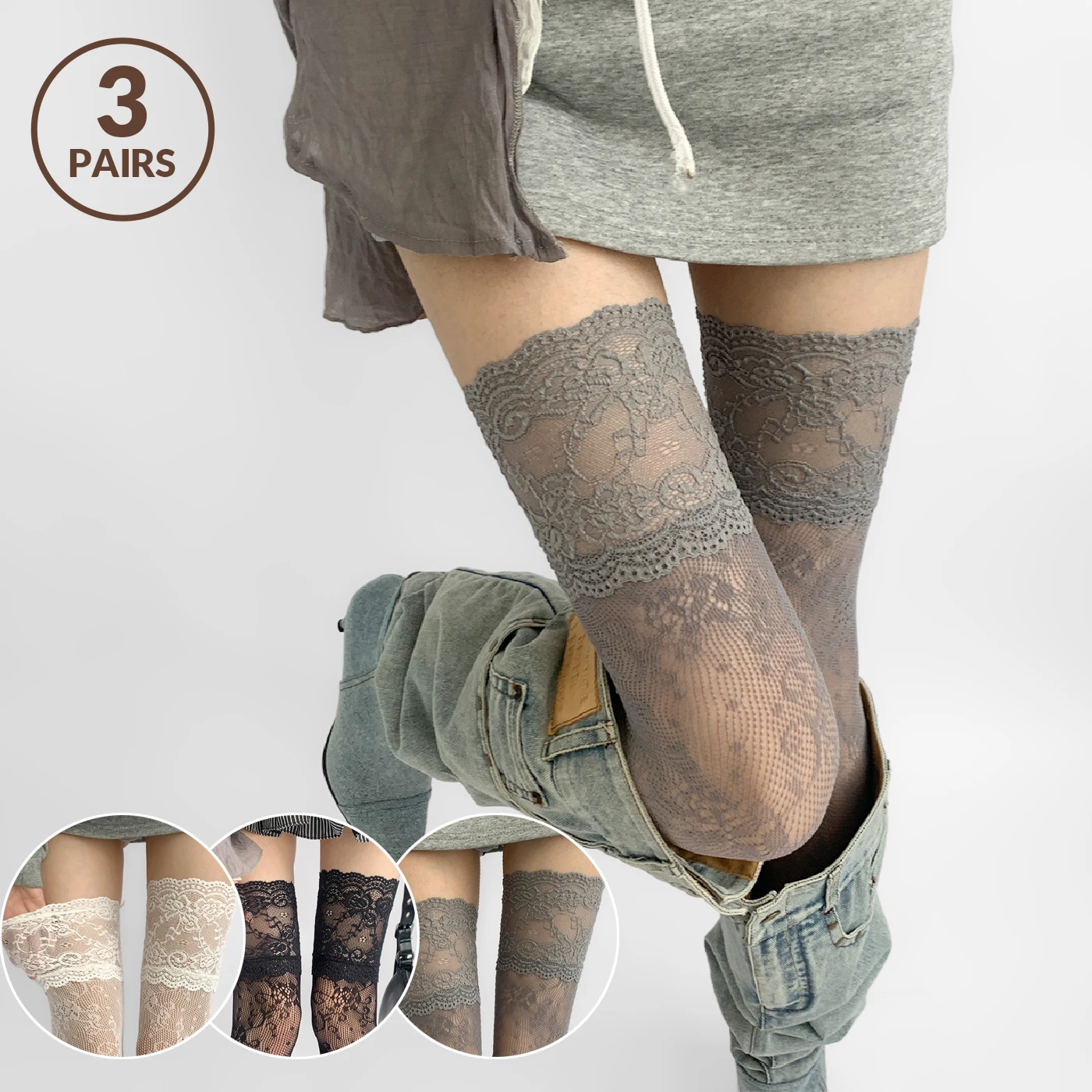 1/3pairs Frauen Blume Spitze Fishnet Oberschenkel Hohe Strümpfe frauen Sexy Spitze Floral Fishnet Strümpfe Über Knie lange Socken Image