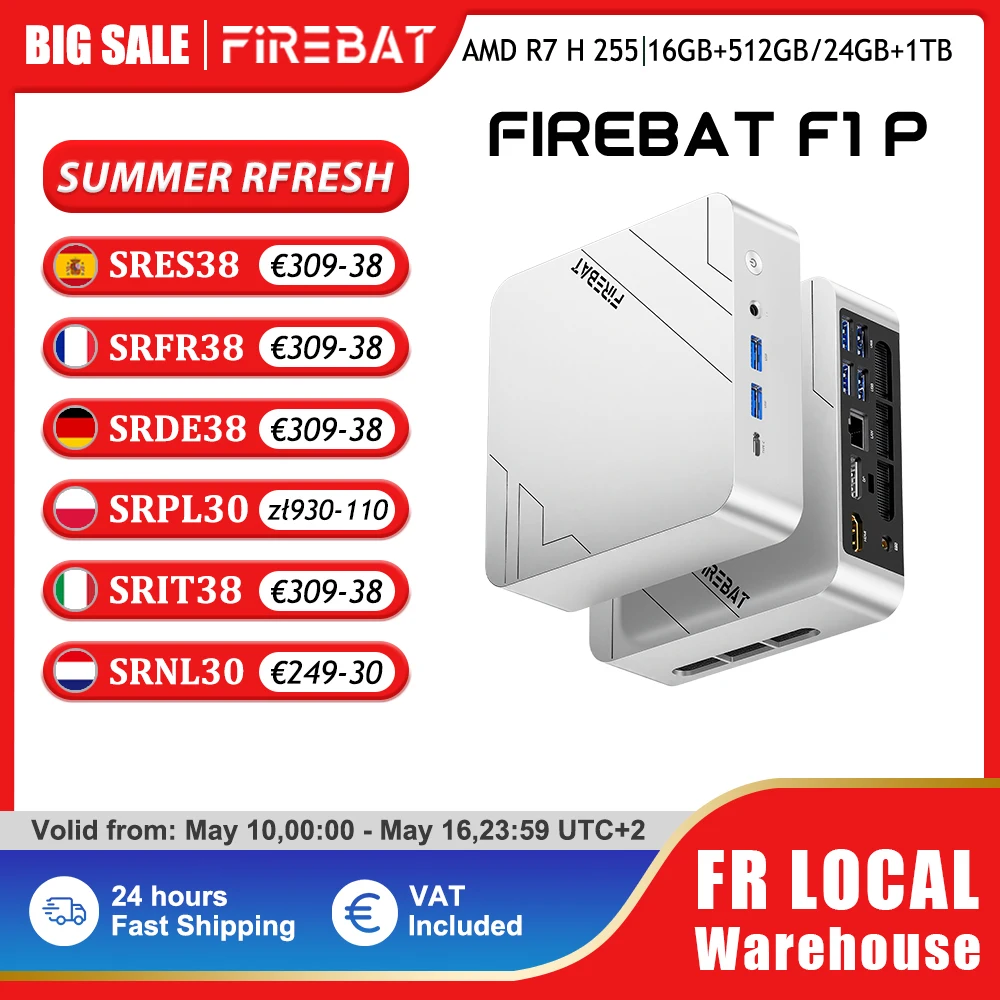 Firebat Mini-PC F1 P AMD Ryzen 7 H 255 DDR5 16GB 24G 512GB 1TB SSD Windows 11 Pro Desktop Mini-Computer USB 4.0 Wi-Fi 6 BT 5.2