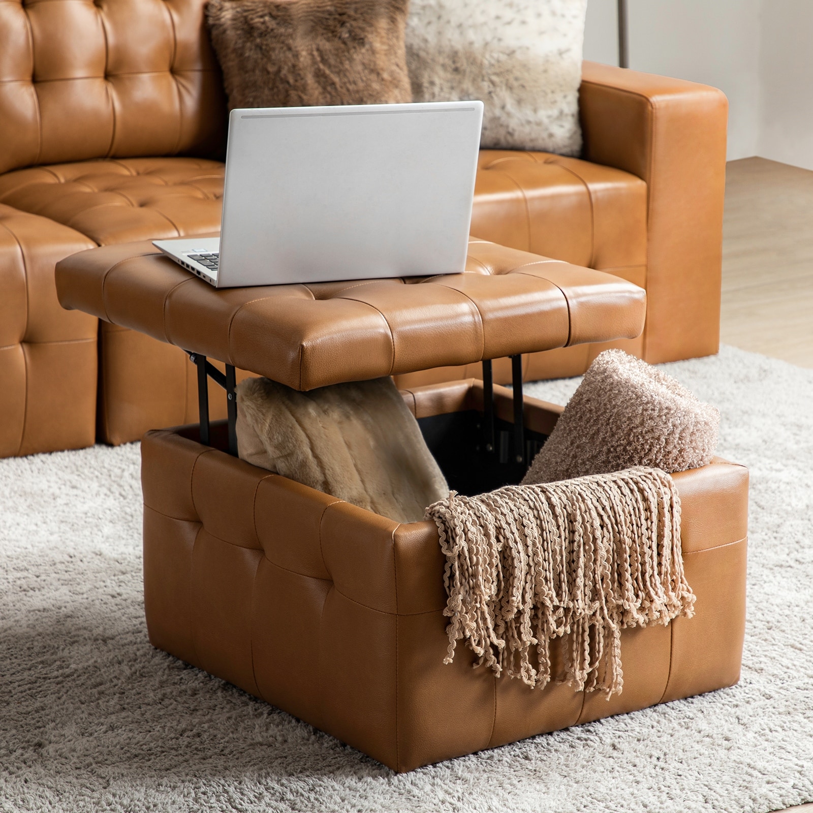 HULALA HOME Aurora Genuine Leather Ottoman with Tufted Design