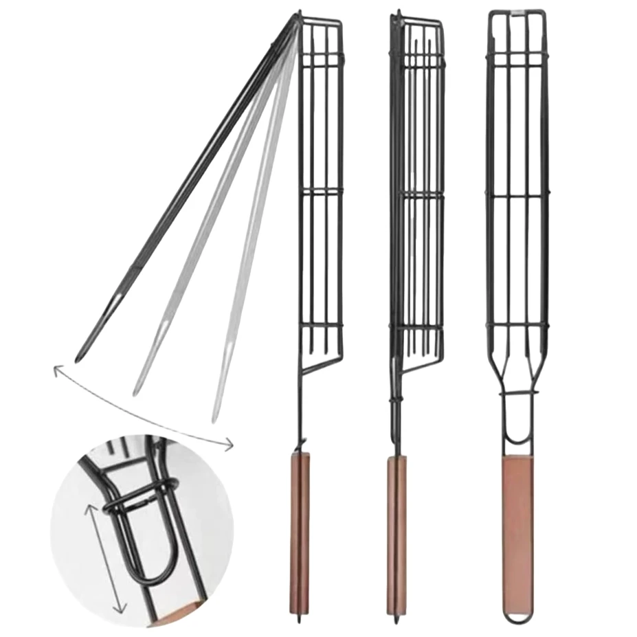 Grillkäfig mit Holzgriff für den Außenbereich, Camping-Grillständer für Fleisch und Gemüse, Picknick-Grill-Wurstklammer Image