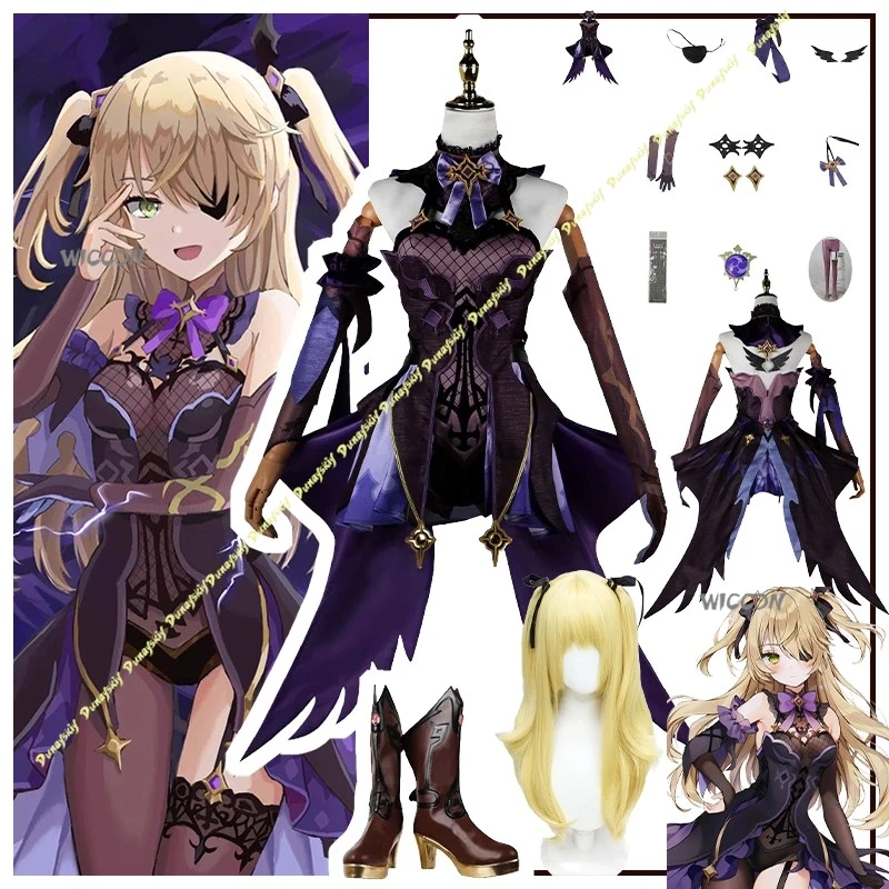 Genshin Impact Fischl Cosplay-Kostüm Mädchen Perücke Kleid Sexy Socken Schuhe Lila Rock Damenkleidung Party-Geschenk Valentinstag