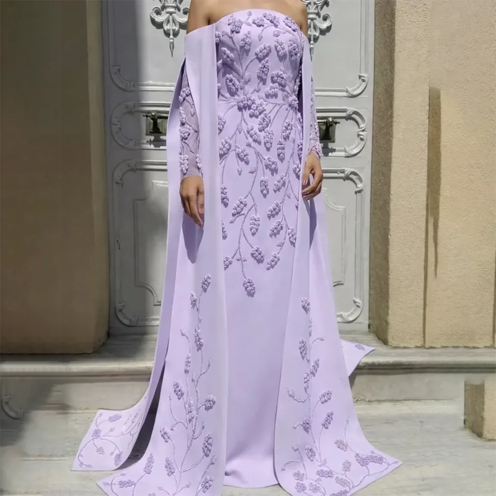 Elegantes Abendkleid mit lila Applikationen, lange Ärmel, A-Linie, Jersey, formelles Partykleid, langes Hochzeitsgastkleid, individuell gestaltet Image