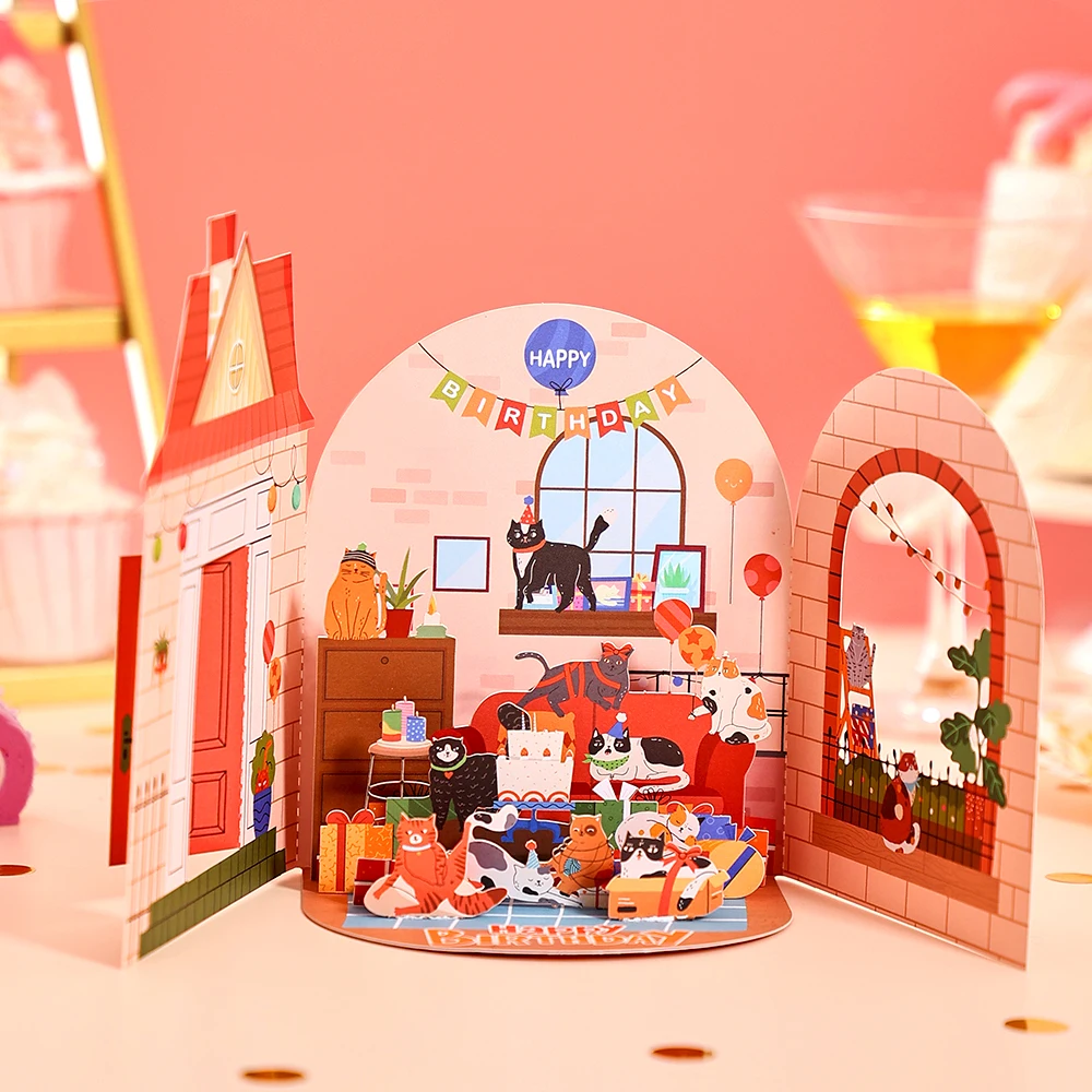 Grußkarte zum Geburtstag, lustige Katze, Doppeltür, Pop-Up-3D-Karte, kreative Party-Postkarte, Geburtstagsgeschenke für Paare, Eltern, Kinder Image