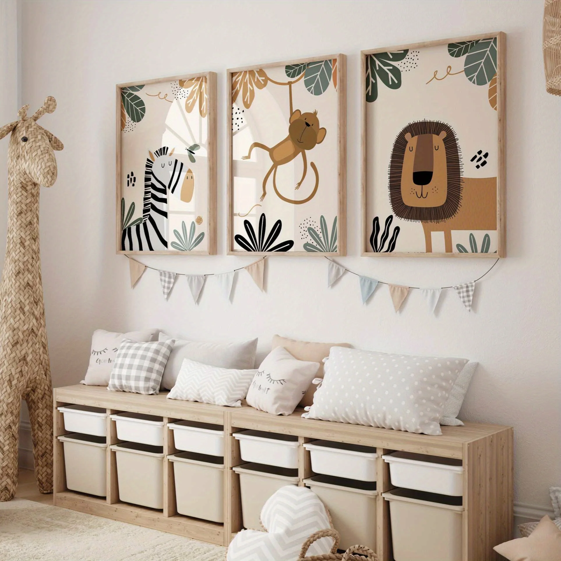 3-teiliges Set Bohemian Löwe Zebra Affe Safari Leinwanddruck Grünpflanzen Wald Kinderzimmer Wandkunst Poster für Moderne Schlafzimmer Heimdekoration