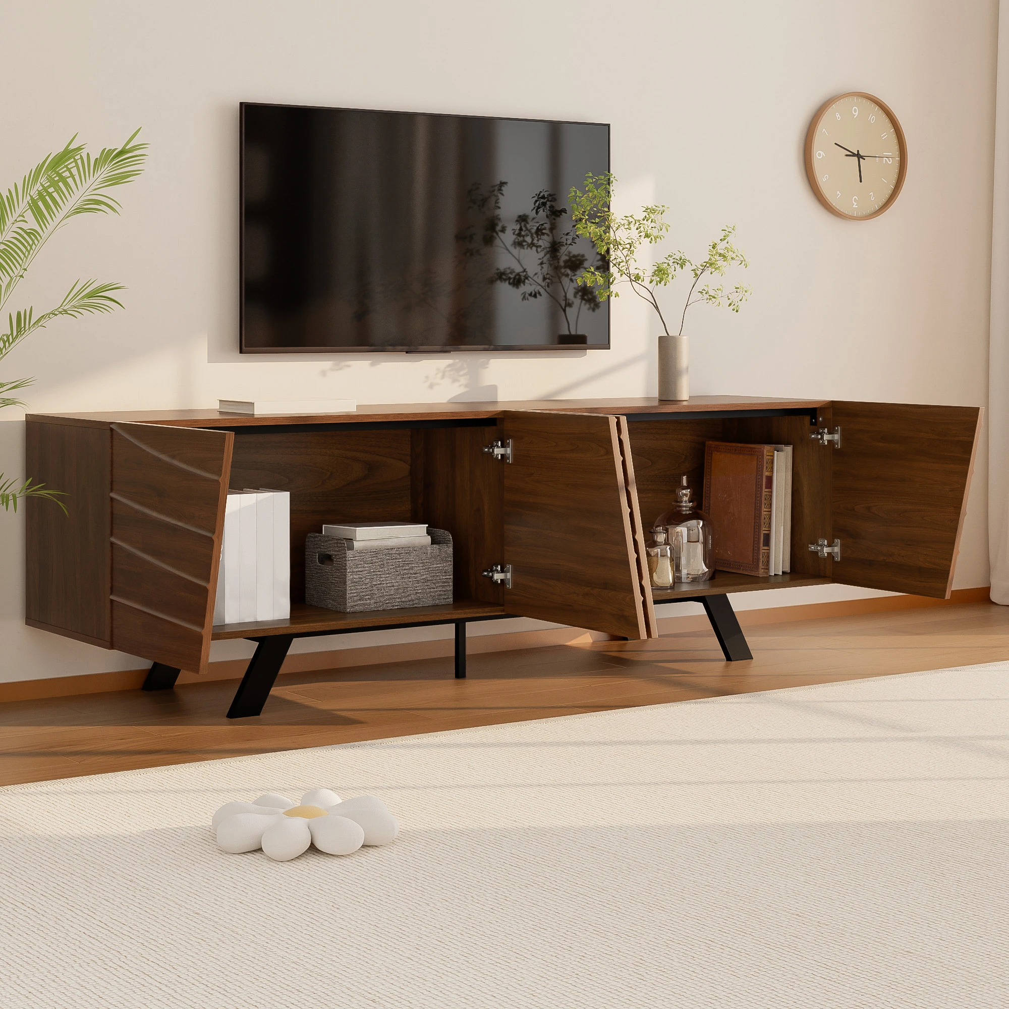 Meuble tv design avec portes ondulées et gestion des câbles - mdf - noyer - pieds métal noir - 160x39x50,5cm