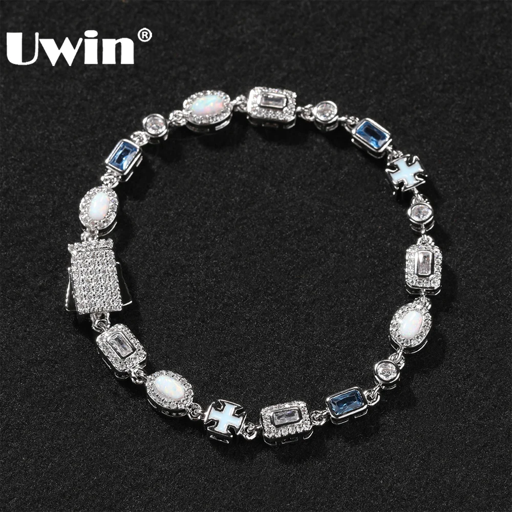 UWIN Schlanke weiß-blaue Edelstein-Armbänder für Männer und Frauen, Iced Out, Zirkonia-Kette, dünnere Armbänder, Modeschmuck als Geschenk Image