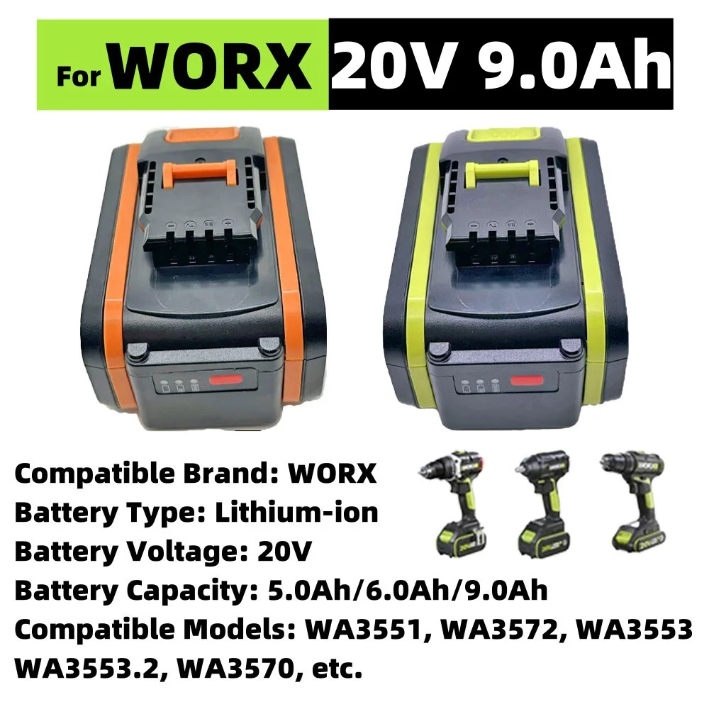 Für Worx 20 V 9,0 Ah wiederaufladbare Li-Ionen-Akkus WA3553, WA3551, WA3553.1 und WA3570 für alle Worx-Stromversorgungs- und Gartengeräte Image
