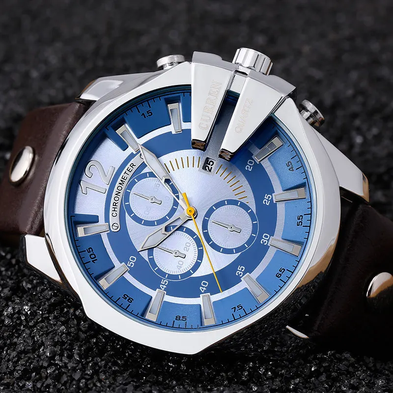 Curren Herrenuhren Top-marke Luxus Gold Große Zifferblatt Mann Quarzuhr Lederband Outdoor Casual Sport Armbanduhr Männliche Uhr