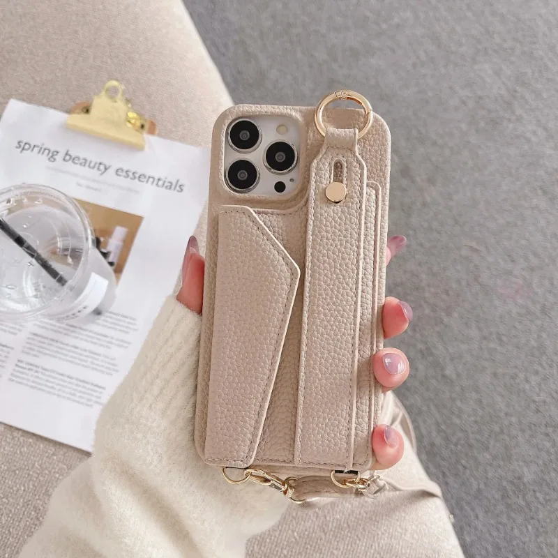 Umhängetasche, Handschlaufe, Brieftasche, Lederhülle für iPhone 16 15 Plus, 14 13 12 11 Pro Max, Handyhülle mit Kartenhalter, Ringband Image