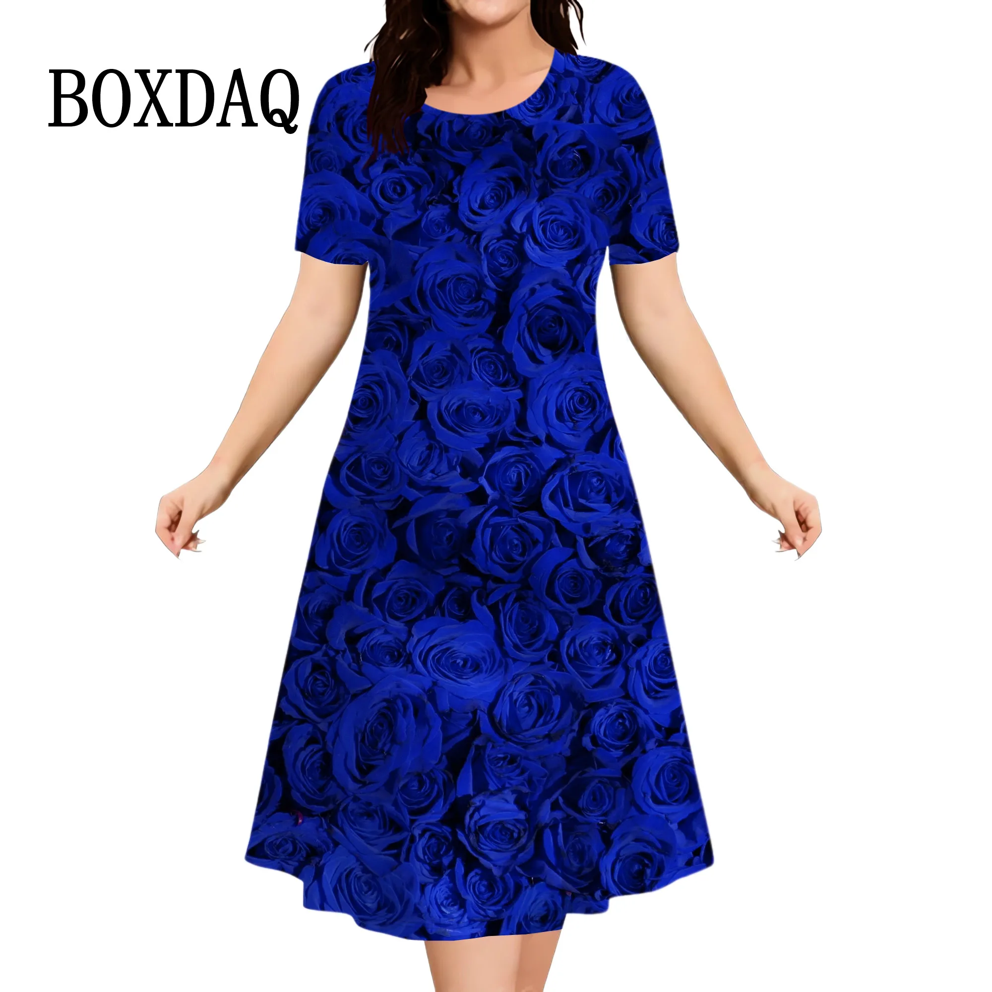 Blau Rot Rose Blumen Kleid Frauen Pullover Sommer 3D Druck Casual Retro Kleid Neue 2024 Damen Plus Größe Kurzarm Mini kleid