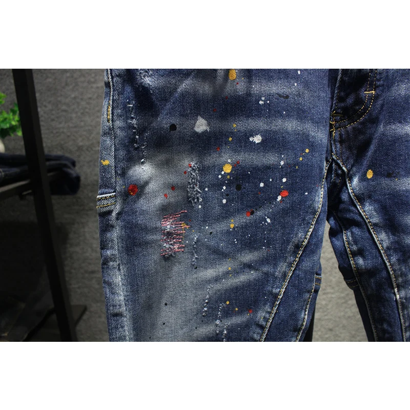 Y2K Mode Männer Jeans Retro Blau Stretch Slim Fit Gemalt Zerrissene Jeans Männer Gespleißt Designer Hip Hop Vintage Denim Hosen Homme